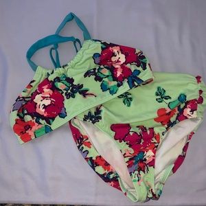 Mint and burgundy floral two piece swim set